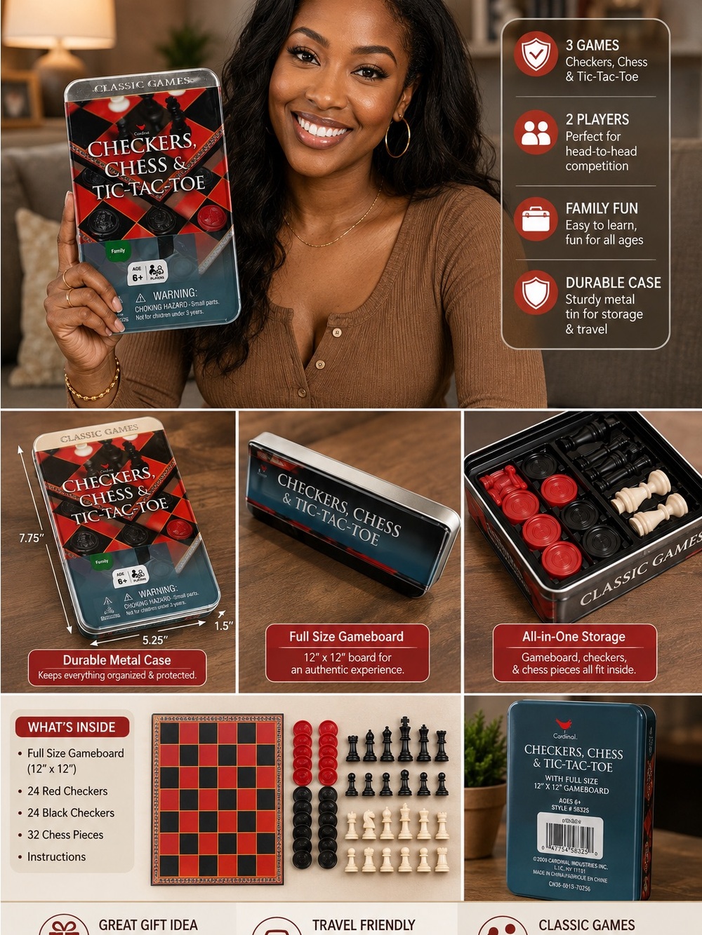 Classic Checkers, Chess & Tic-Tac-Toe Travel Set - Red & Black